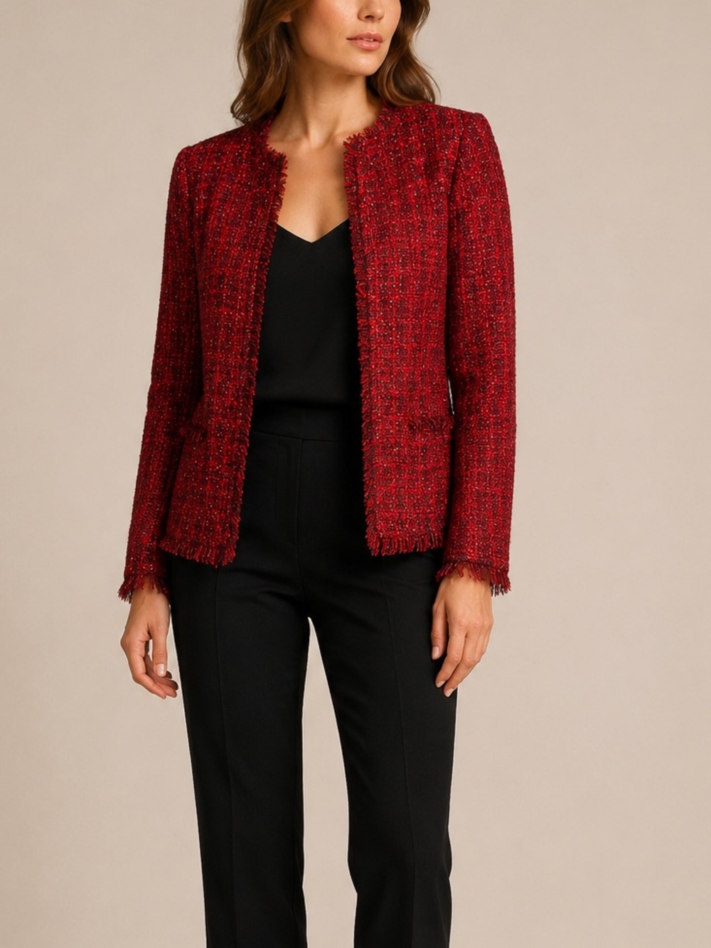 Beymen Club Size XS Red Metallic Tweed Fringe Open Front Blazer Jacket